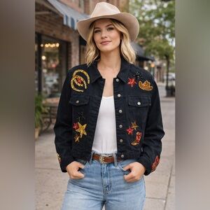 ✨EPIC✨ Vintage Sequin Patch Black Denim Jean Jacket with Country Sparkle Glam